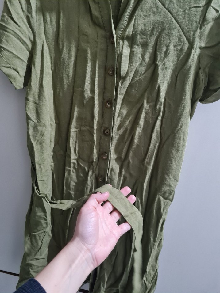 Düğmeli Kısa Kollu Keten Midi Elbise - Görsel 3