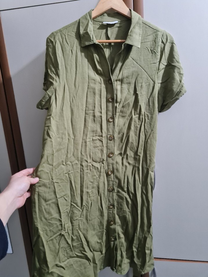 Düğmeli Kısa Kollu Keten Midi Elbise - Görsel 2