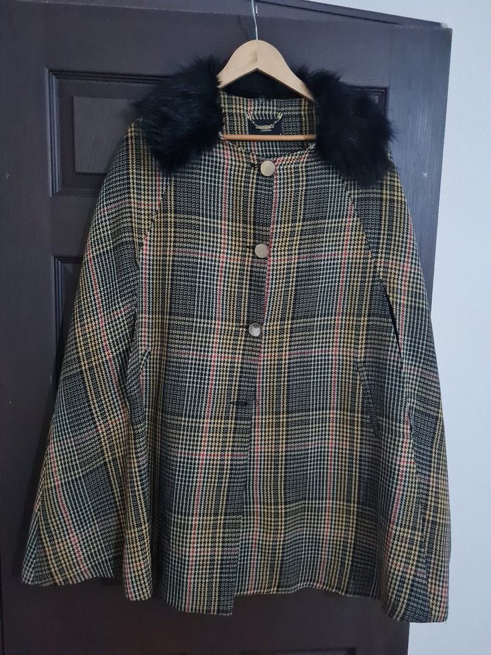 Kürk Detaylı Ekose Desenli Kadın Kaban - Görsel 2