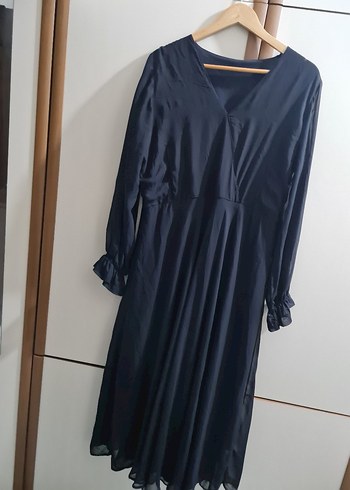 Lacivert Uzun Kadın Elbise V Yaka Drapeli - Görsel 4