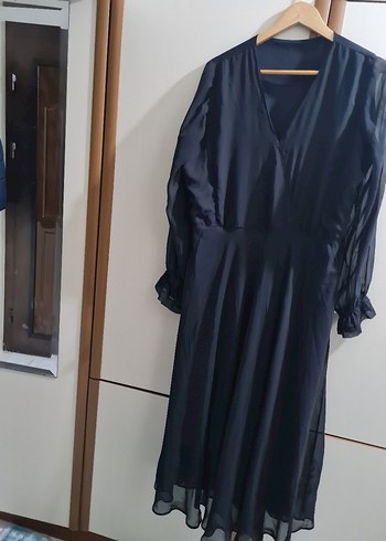 Lacivert Uzun Kadın Elbise V Yaka Drapeli - Görsel 3