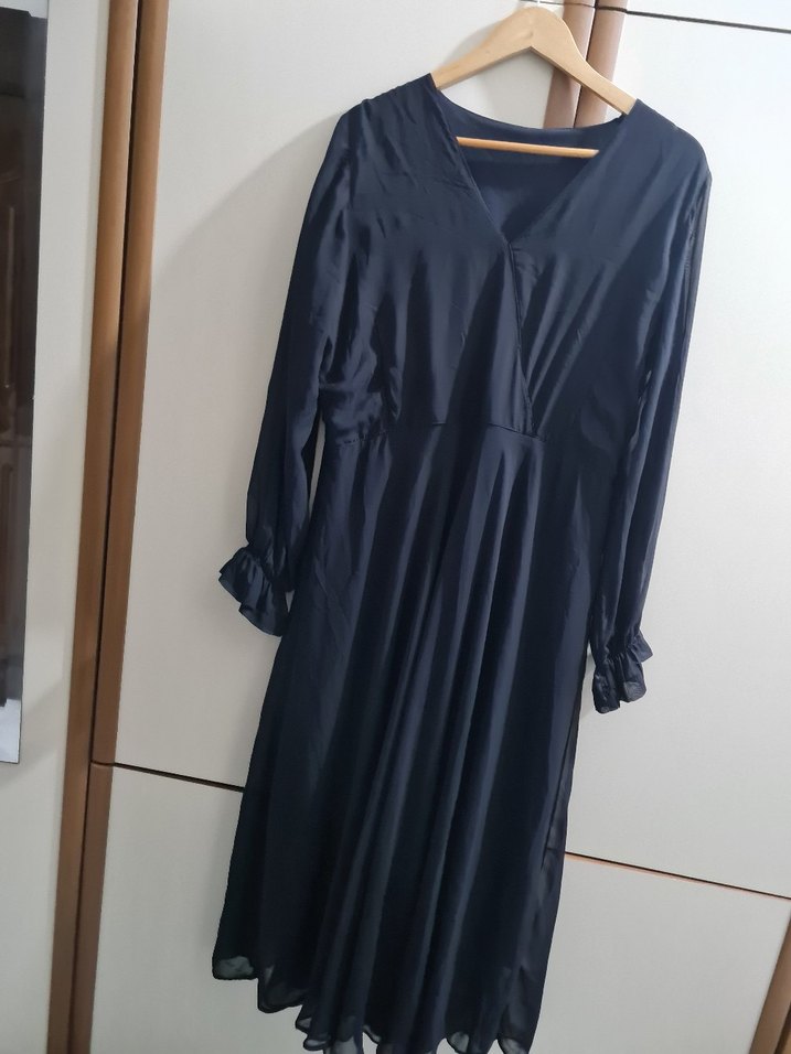 Lacivert Uzun Kadın Elbise V Yaka Drapeli - Görsel 4