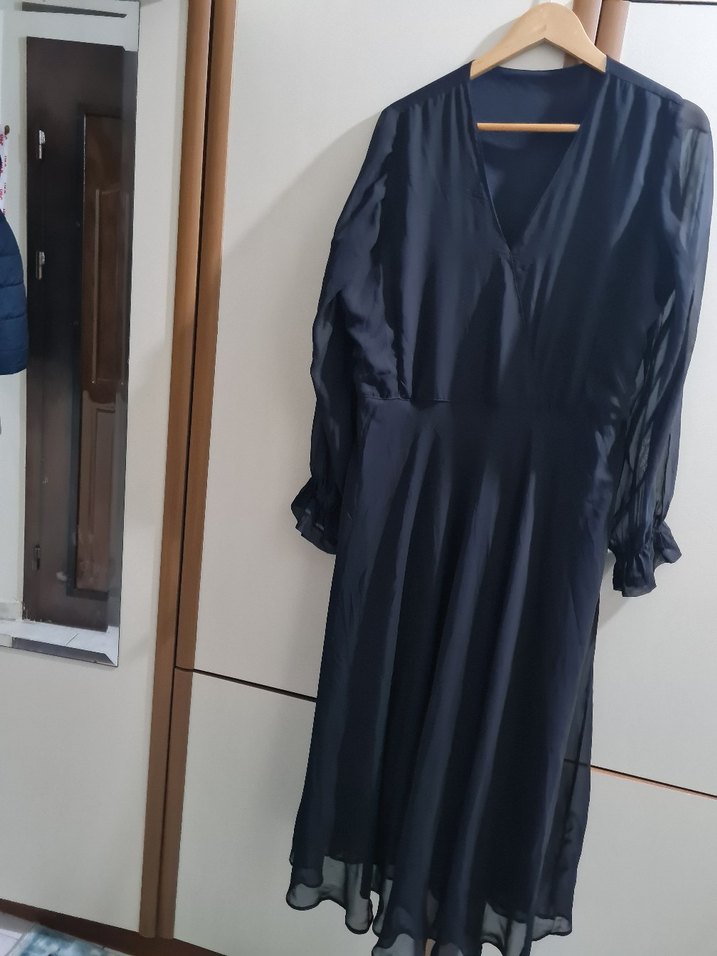 Lacivert Uzun Kadın Elbise V Yaka Drapeli - Görsel 3