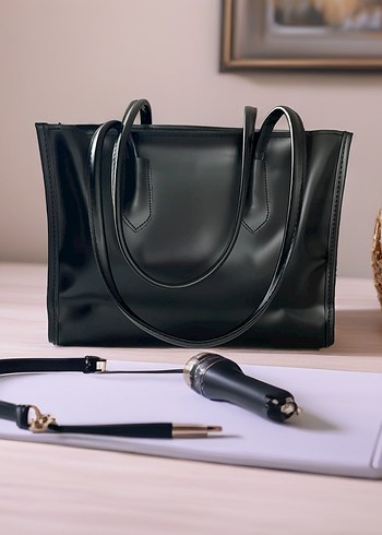 Siyah Deri Fermuarlı Minimalist Kadın Çanta