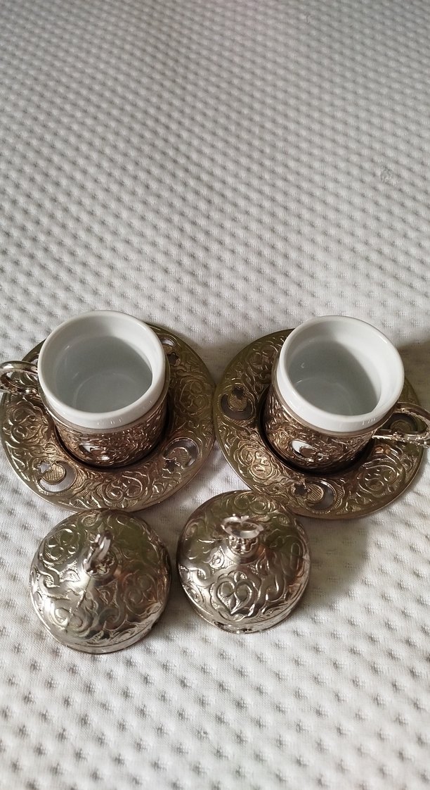 İşlemeli Kapaklı Gümüş Kahve Fincanı Seti - Görsel 2