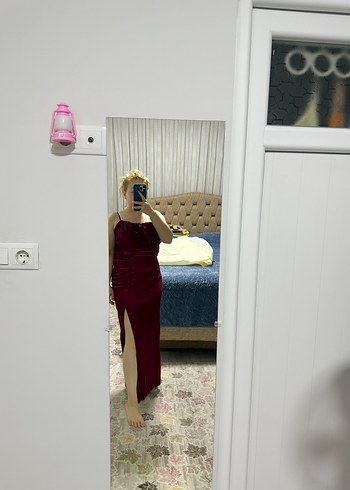 38 Beden bordo Renk Bordo Drapeli Straplez Midi Abiye Elbise