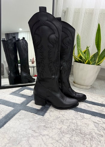 Bohem Siyah Deri Nakışlı Dizüstü Çizme - Görsel 2