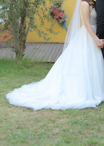 V Yaka A Kesim Midi Beyaz Gelinlik - Görsel 8