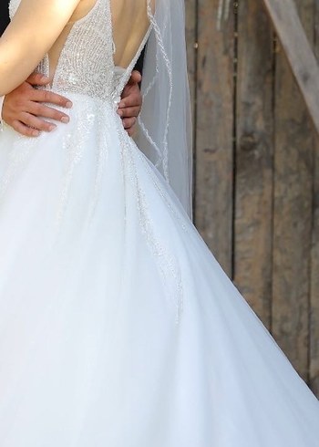 V Yaka A Kesim Midi Beyaz Gelinlik - Görsel 7