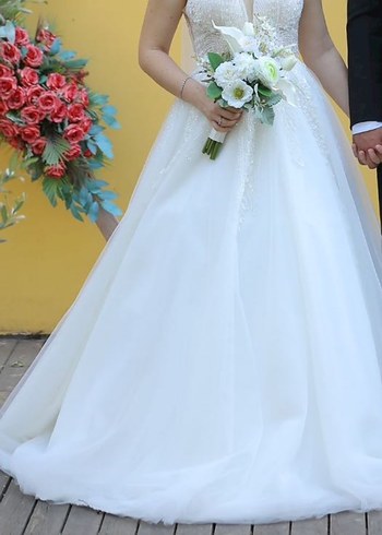 V Yaka A Kesim Midi Beyaz Gelinlik - Görsel 3