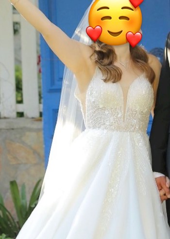 V Yaka A Kesim Midi Beyaz Gelinlik - Görsel 2