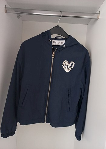 Bershka Kapüşonlu Baskılı Mavi ceket