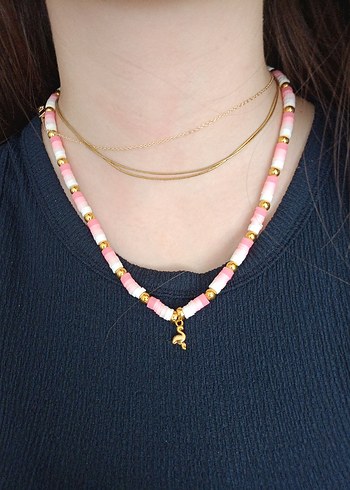 Pembe Tonlu Boncuklu Bohem Kolye