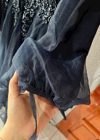 lacivert üstü ful taş Uzun Kollu tül abiye - Görsel 3