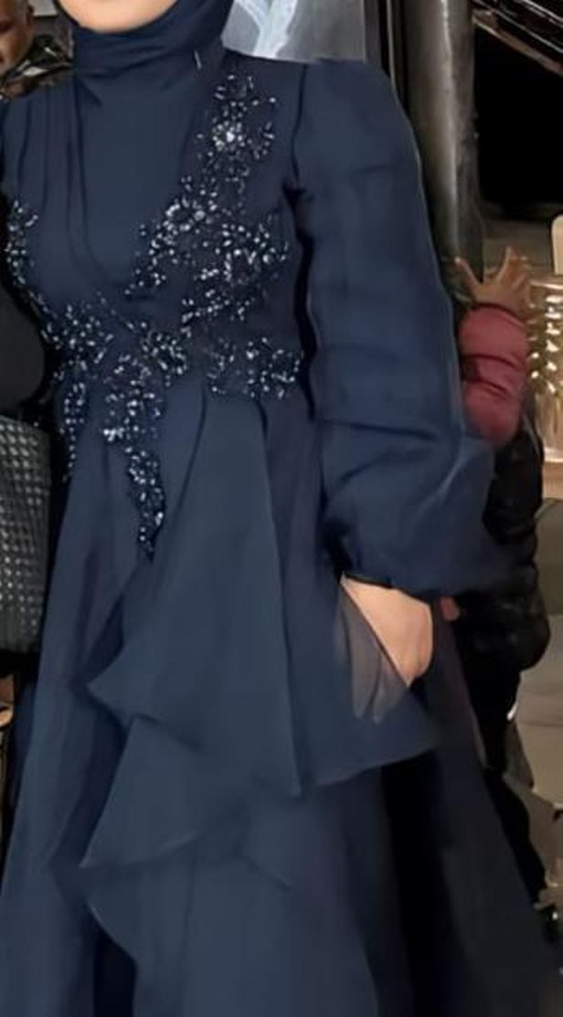 lacivert üstü ful taş Uzun Kollu tül abiye - Görsel 2