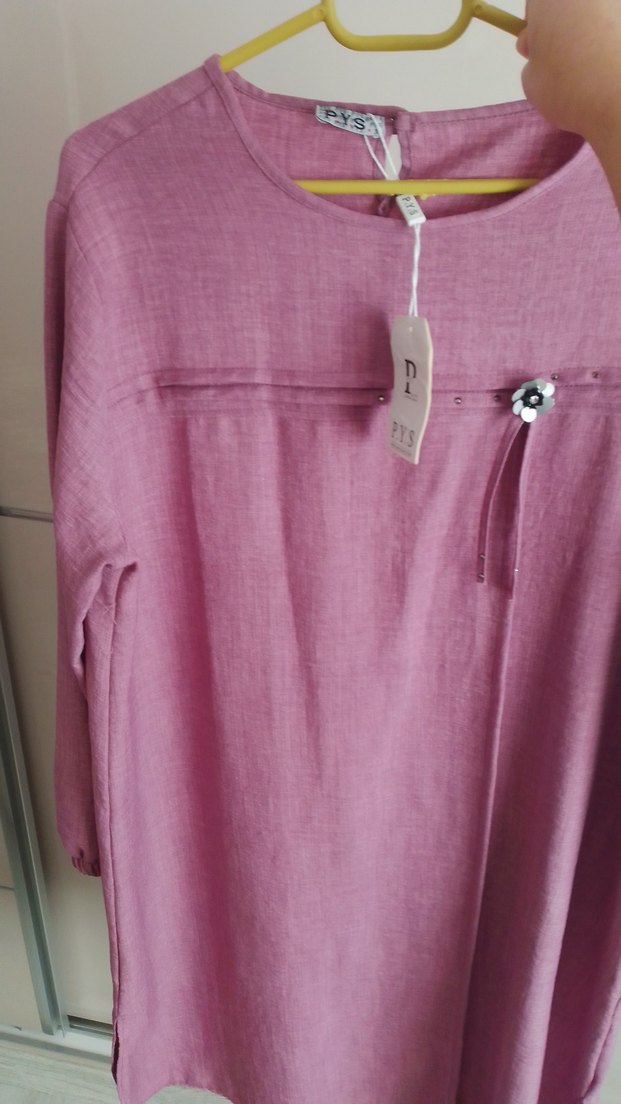 Pembe Uzun Kollu Bol Kesim Keten Tunik - Görsel 3