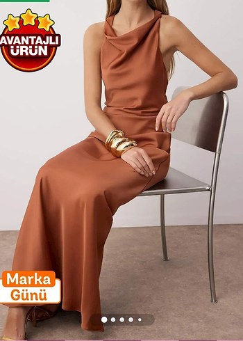 Kahverengi Drapeli Uzun Askılı Elbise - Görsel 3