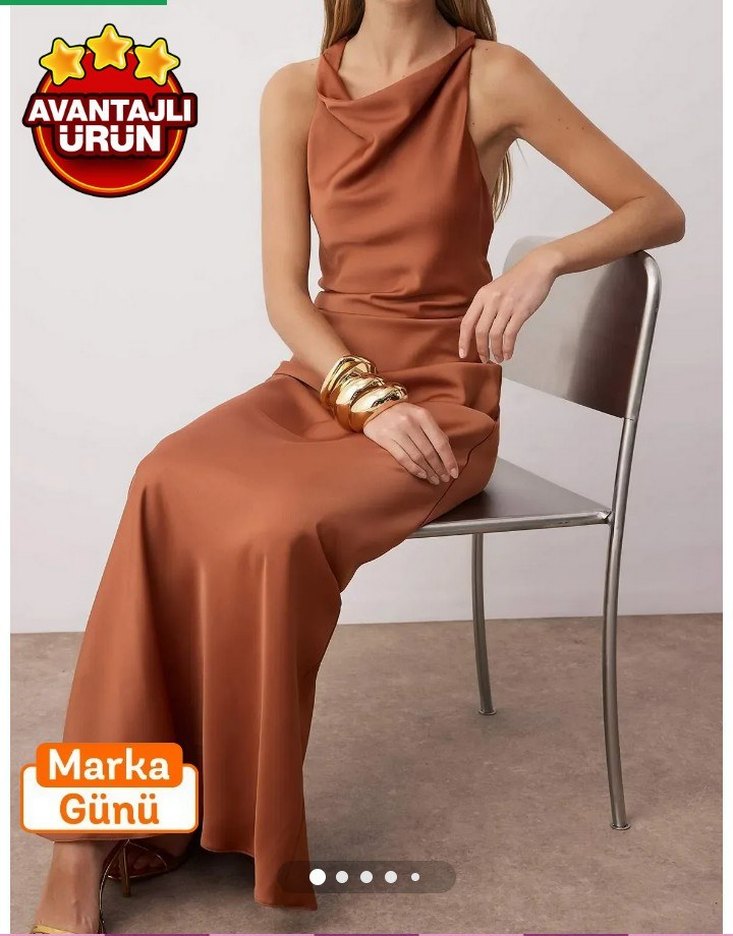 Kahverengi Drapeli Uzun Askılı Elbise - Görsel 3