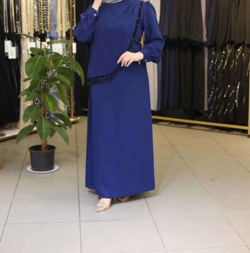 Lacivert  Uzun Kollu Kadın Elbise - Görsel 2