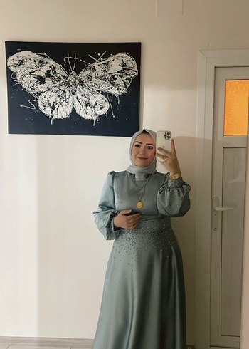 Abiye Gri Nakışlı Uzun Salaş Abiye Elbise