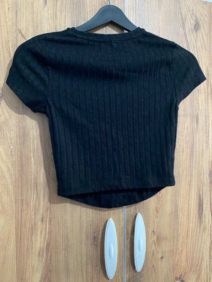 Kadın Siyah Kısa Kollu Crop Top - Görsel 3