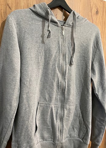 Gri Kapüşonlu Fermuarlı Sweatshirt - Görsel 2