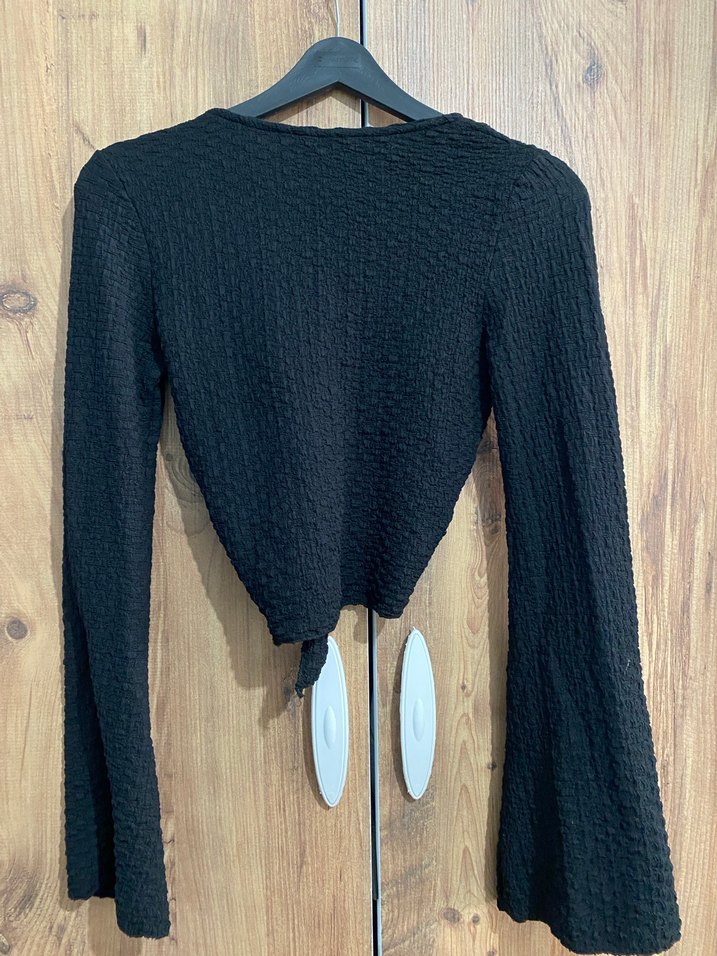 Siyah V Yaka Örgü Mini Bluz - Görsel 4