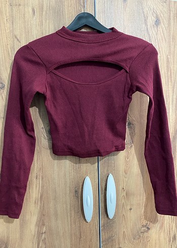 Bordo Kadın Crop Triko Sweatshirt - Görsel 2