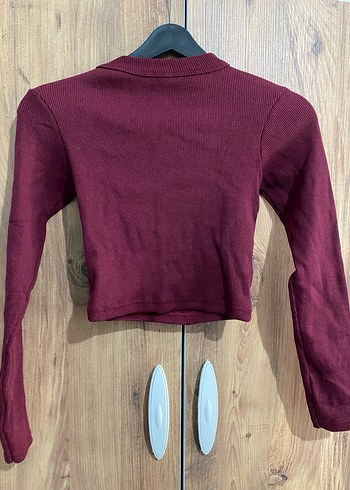 Bordo Kadın Crop Triko Sweatshirt - Görsel 3