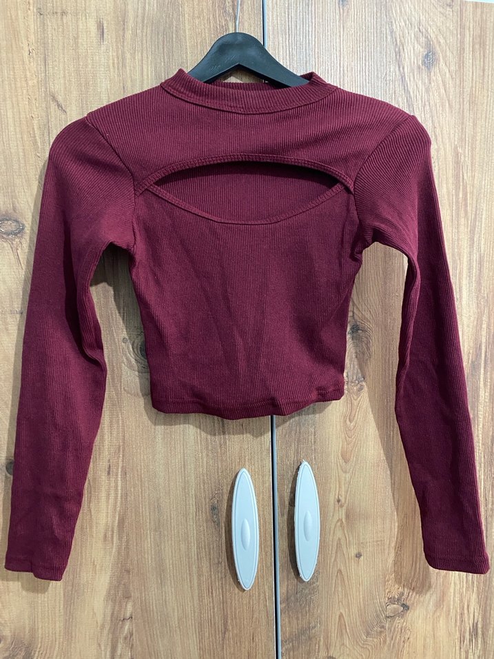 Bordo Kadın Crop Triko Sweatshirt - Görsel 2