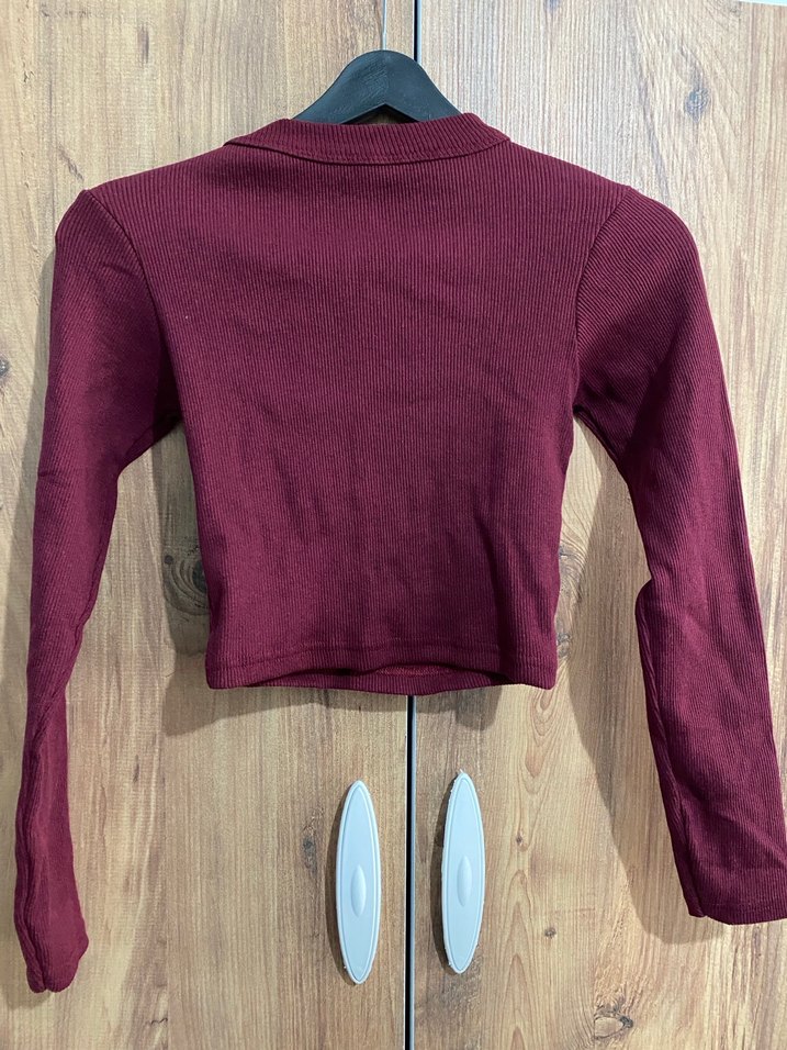 Bordo Kadın Crop Triko Sweatshirt - Görsel 3