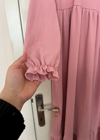 Pembe Uzun  Elbise, Fırfırlı, Salaş Kesim - Görsel 2