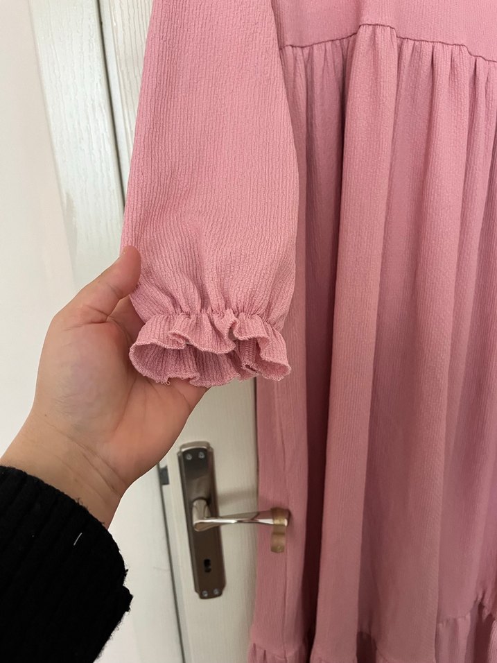 Pembe Uzun  Elbise, Fırfırlı, Salaş Kesim - Görsel 2