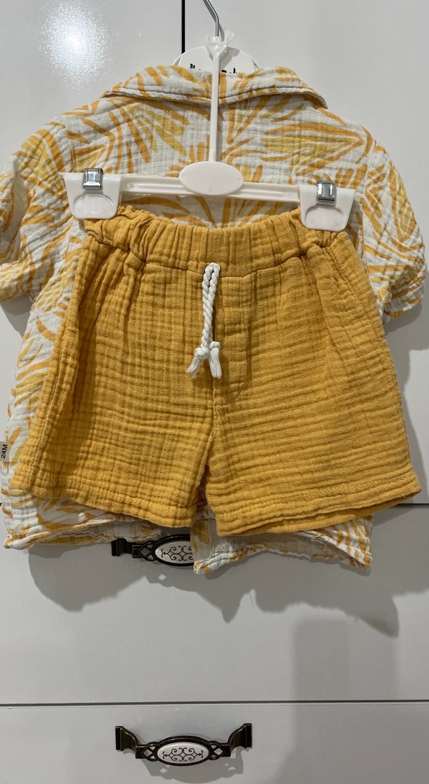 Sarı Kısa Kollu Erkek Keten Gömlek takım - Görsel 2