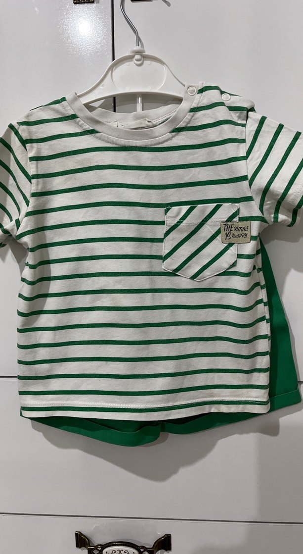 Yeşil Çizgili Erkek Bebek Kısa Kollu Takım - Görsel 2