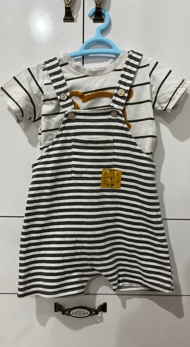 Erkek Çocuk Beyaz Çizgili Ayı Baskılı Tişört salopet takım - Görsel 3