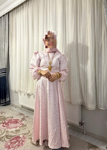 Pembe Dantel Detaylı Uzun Abiye Elbise - Görsel 2