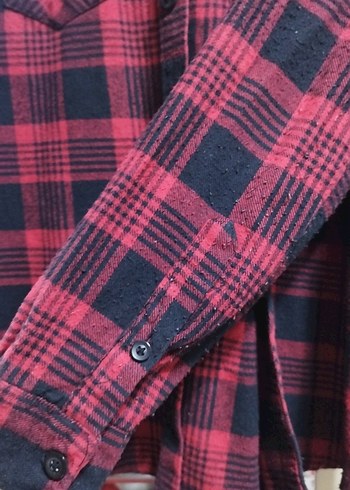 Kadın Kırmızı Ekose Düğmeli Uzun Kollu Gömlek - Görsel 3