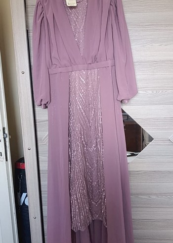 Mor Uzun Kollu Drapeli Abiye Elbise - Görsel 3