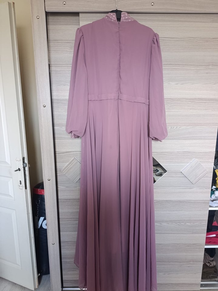 Mor Uzun Kollu Drapeli Abiye Elbise - Görsel 5