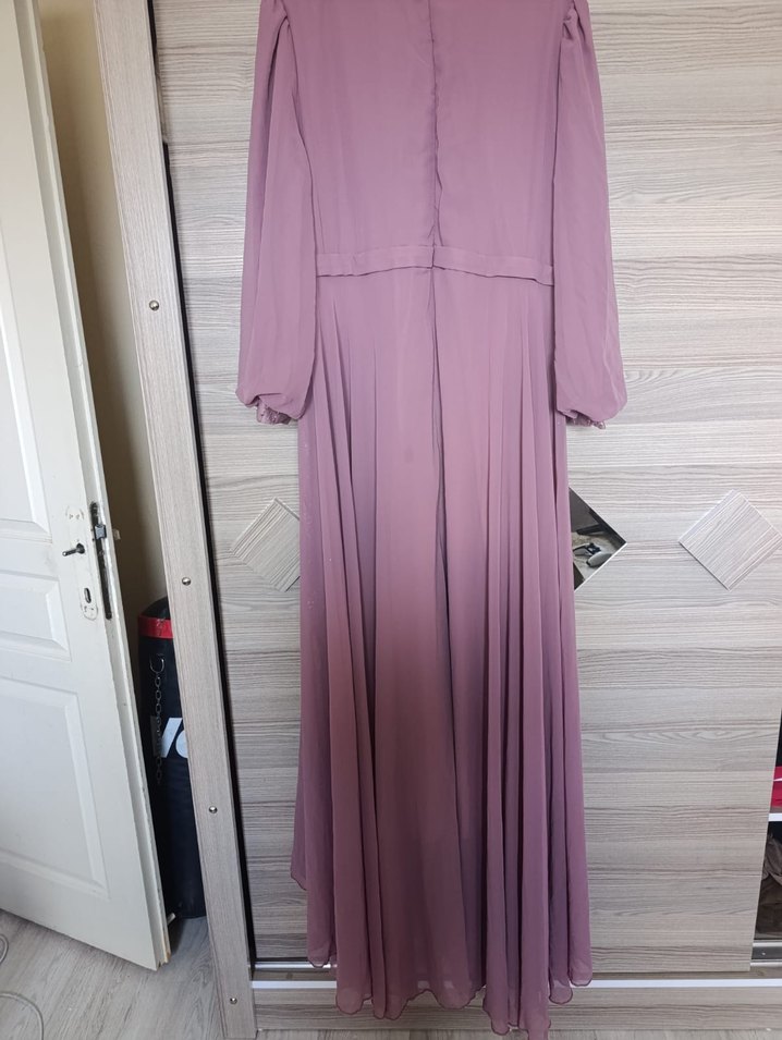 Mor Uzun Kollu Drapeli Abiye Elbise - Görsel 2