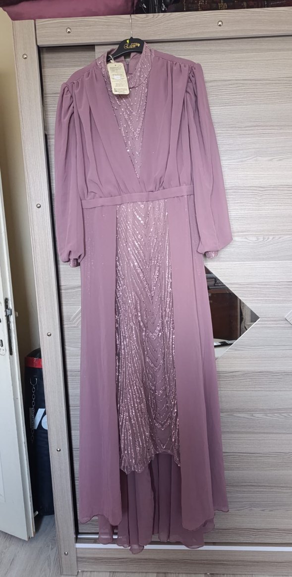 Mor Uzun Kollu Drapeli Abiye Elbise - Görsel 3