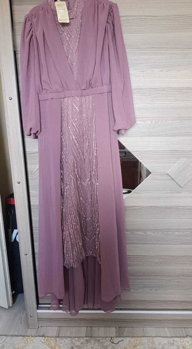 Mor Uzun Kollu Drapeli Abiye Elbise - Görsel 4