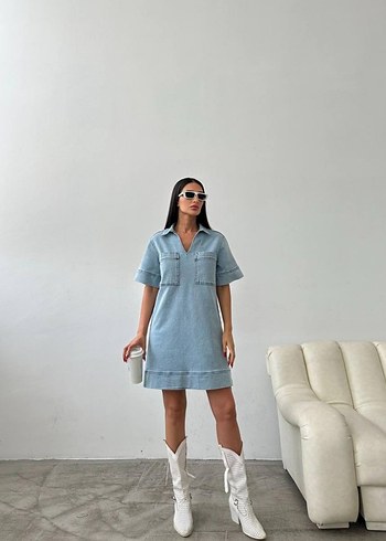 Diğer Mavi V Yaka Kısa Kollu Denim Mini Elbise