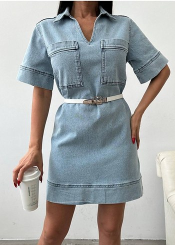 universal Beden mavi Renk Mavi V Yaka Kısa Kollu Denim Mini Elbise