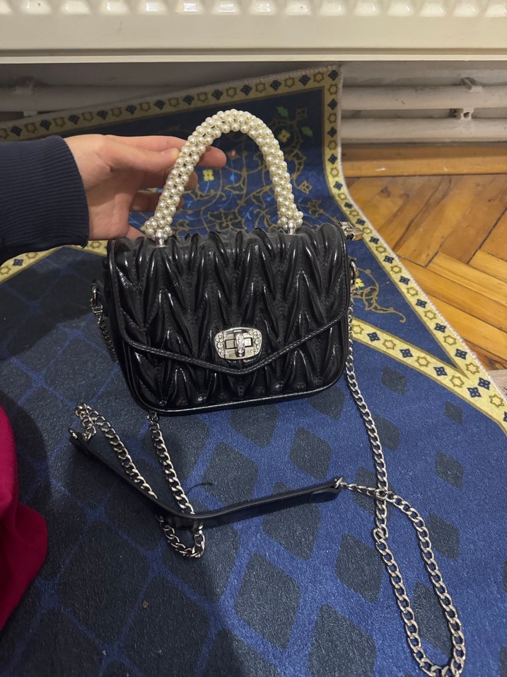 Boncuklu Siyah Deri Kadın Çanta - Görsel 2