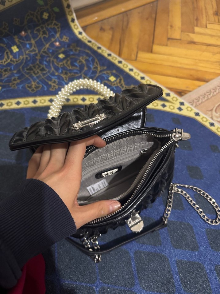 Boncuklu Siyah Deri Kadın Çanta - Görsel 5