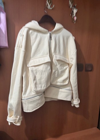 Kadın Beyaz Fermuarlı Kapüşonlu Ceket - Görsel 6