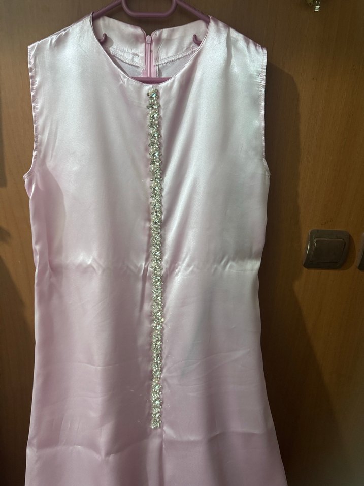 Pembe Saten İşlemeli Uzun Elbise - Görsel 2