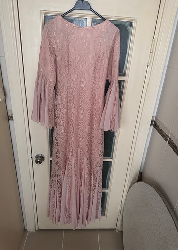 Dantel Detaylı Uzun Pembe Elbise - Görsel 7